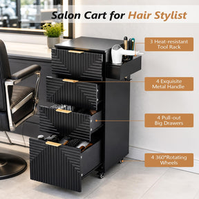 OmySalon SCTSM Wooden Rolling Salon Trolley Cart with Wheels & 4 Drawers 3 Hot Tool Holders