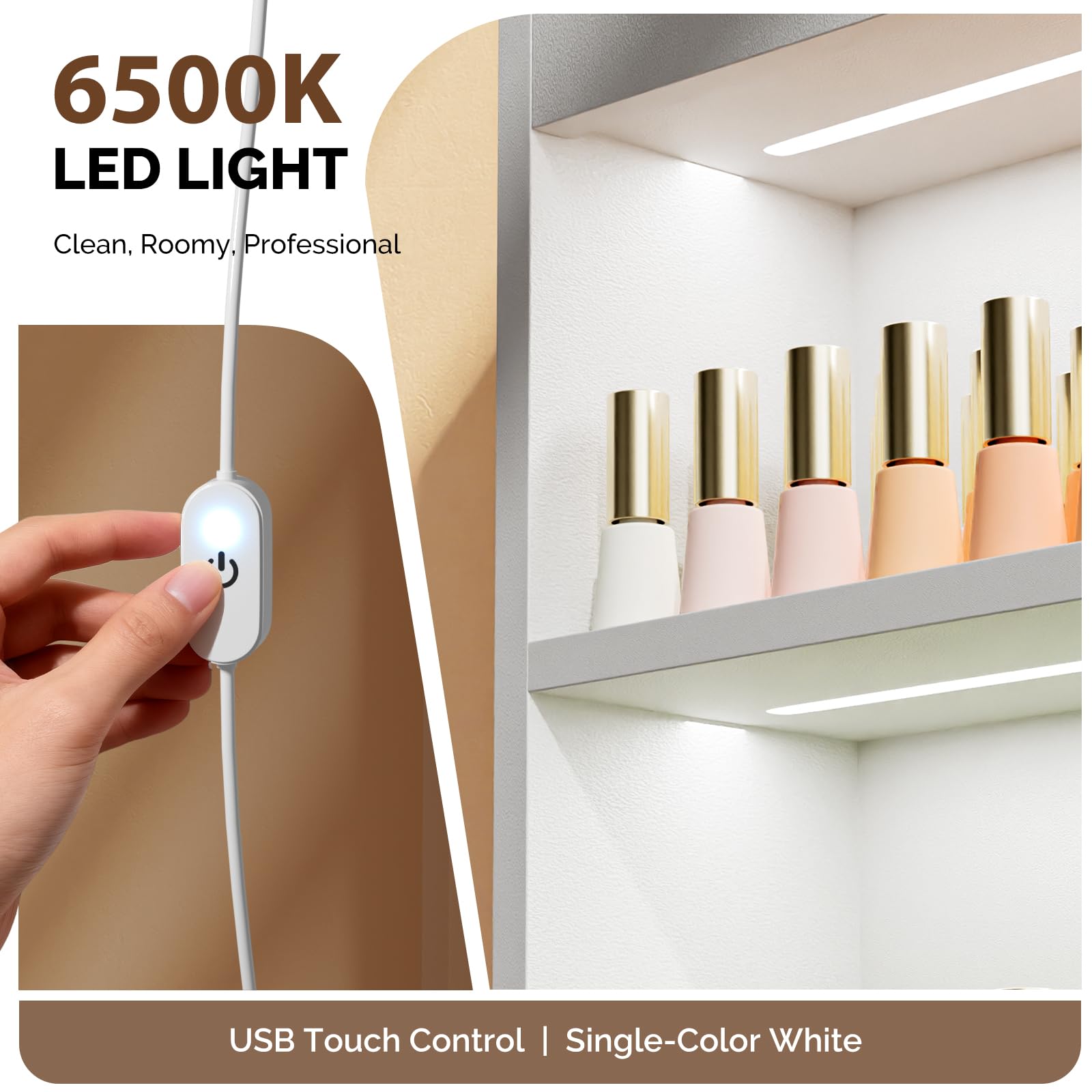 OmySalon 3-Tier Wall Mount LED Wooden Nail Polish Organizer Shelf with USB Touch Control