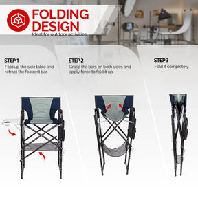 OmySalon Extra Tall 30.7in Folding Director Chair with Side Table & Storage Pockets