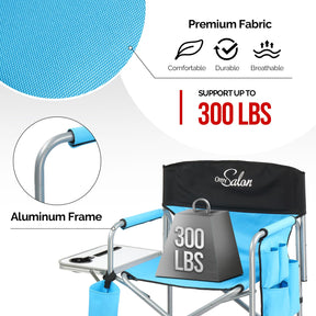 OmySalon 25in Portable Folding Director Chair with Retractable Side Tables & Side Bags