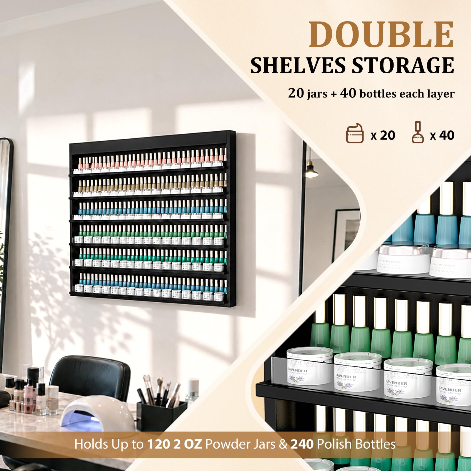 OmySalon Double 6-Tier Wall Mount Nail Polish & Powder Organizer Rack with Acrylic Barriers