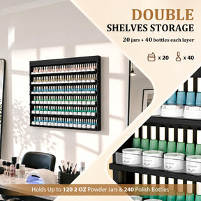OmySalon Double 6-Tier Wall Mount Nail Polish & Powder Organizer Rack with Acrylic Barriers