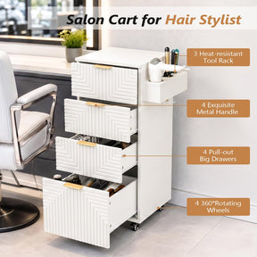 OmySalon SCTSM Wooden Rolling Salon Trolley Cart with Wheels & 4 Drawers 3 Hot Tool Holders