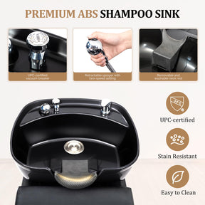 OmySalon BU2501 Salon Shampoo Backwash Unit with ABS Plastic Bowl & Storage Shelf & Freestanding Ottoman