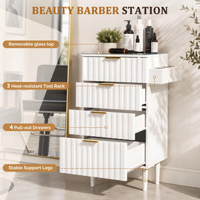 OmySalon SCGFD Modern Retro Salon Styling Station with Glass Top, 4 Drawers & 3 Hot Tool Holders
