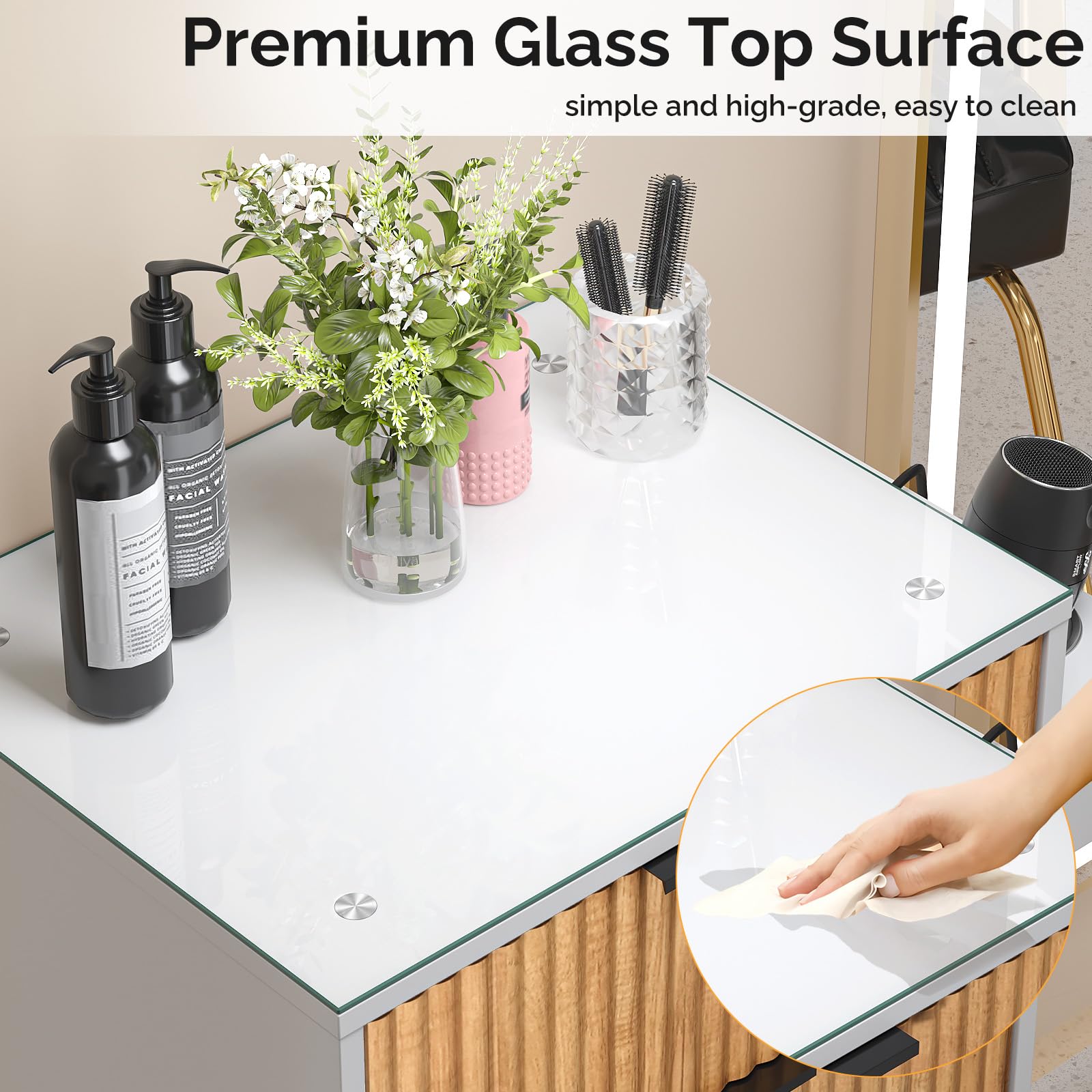 OmySalon SCWFD Modern Retro Style Salon Styling Storage Station Cabinet with Removable Glass Top & 4 Drawers 3 Hot Tool Holders