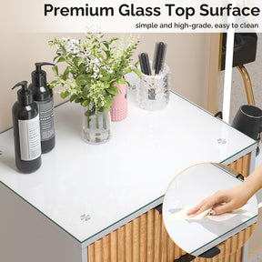 OmySalon SCWFD Modern Retro Style Salon Styling Storage Station Cabinet with Removable Glass Top & 4 Drawers 3 Hot Tool Holders