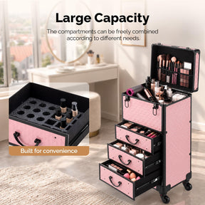 OmySalon Diamond Pattern Aluminum Lockable Rolling Makeup Train Case With 3 Drawers