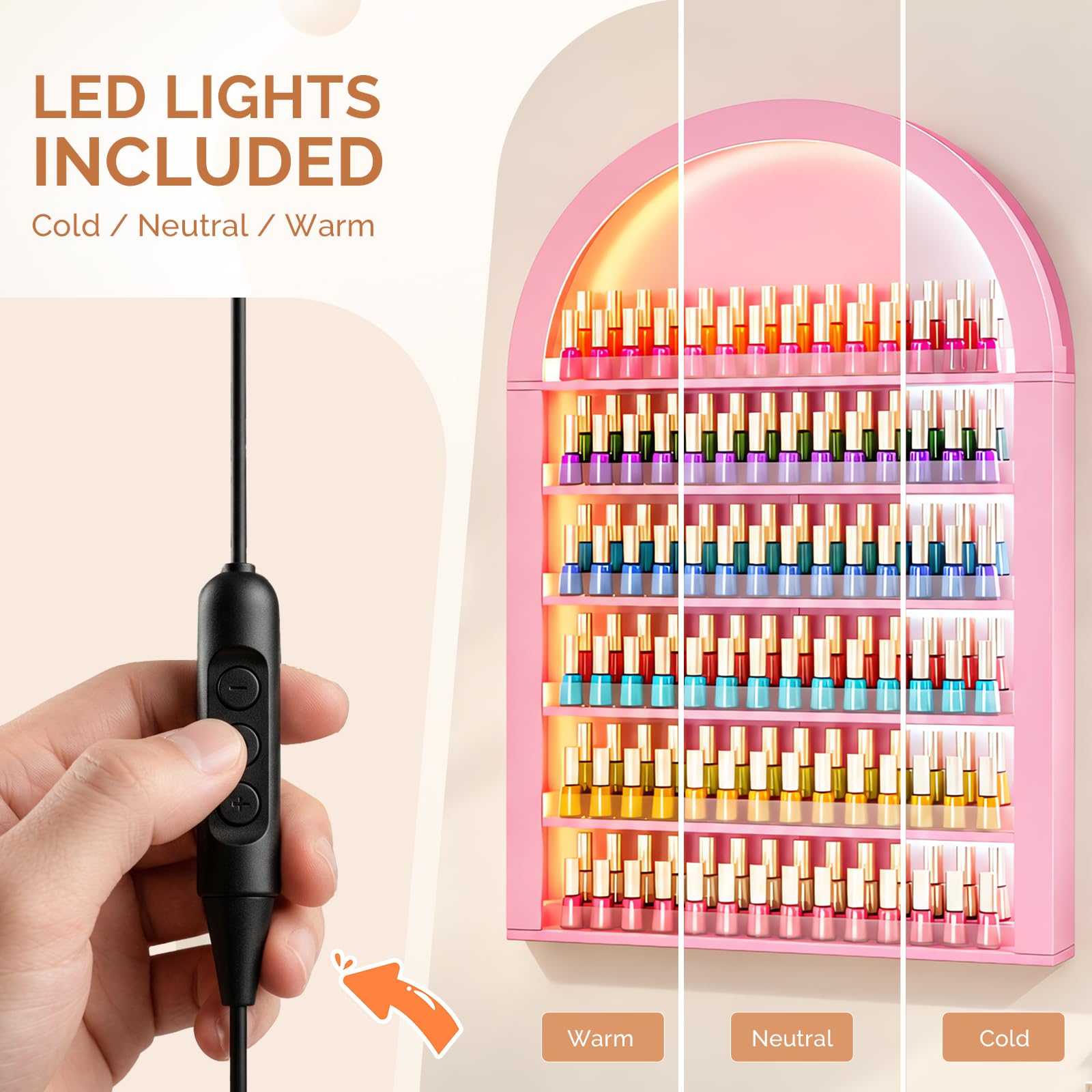 OmySalon Wall-Mounted Double 6-Tier Arched Nail Polish Organizer Rack With Led Lighting
