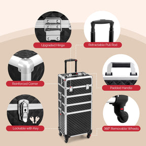 OmySalon 4-in-1 Aluminum Lockable Rolling Makeup Train Case