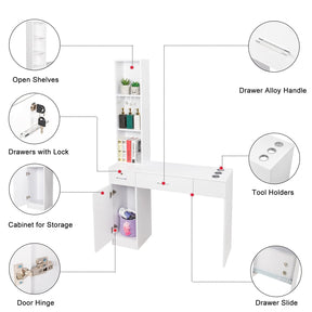 OmySalon HSC-09 Wall Mount Barber Station 2 Drawers 1 Storage Cabinet 3 Open Shelves with Mirror & Support Leg
