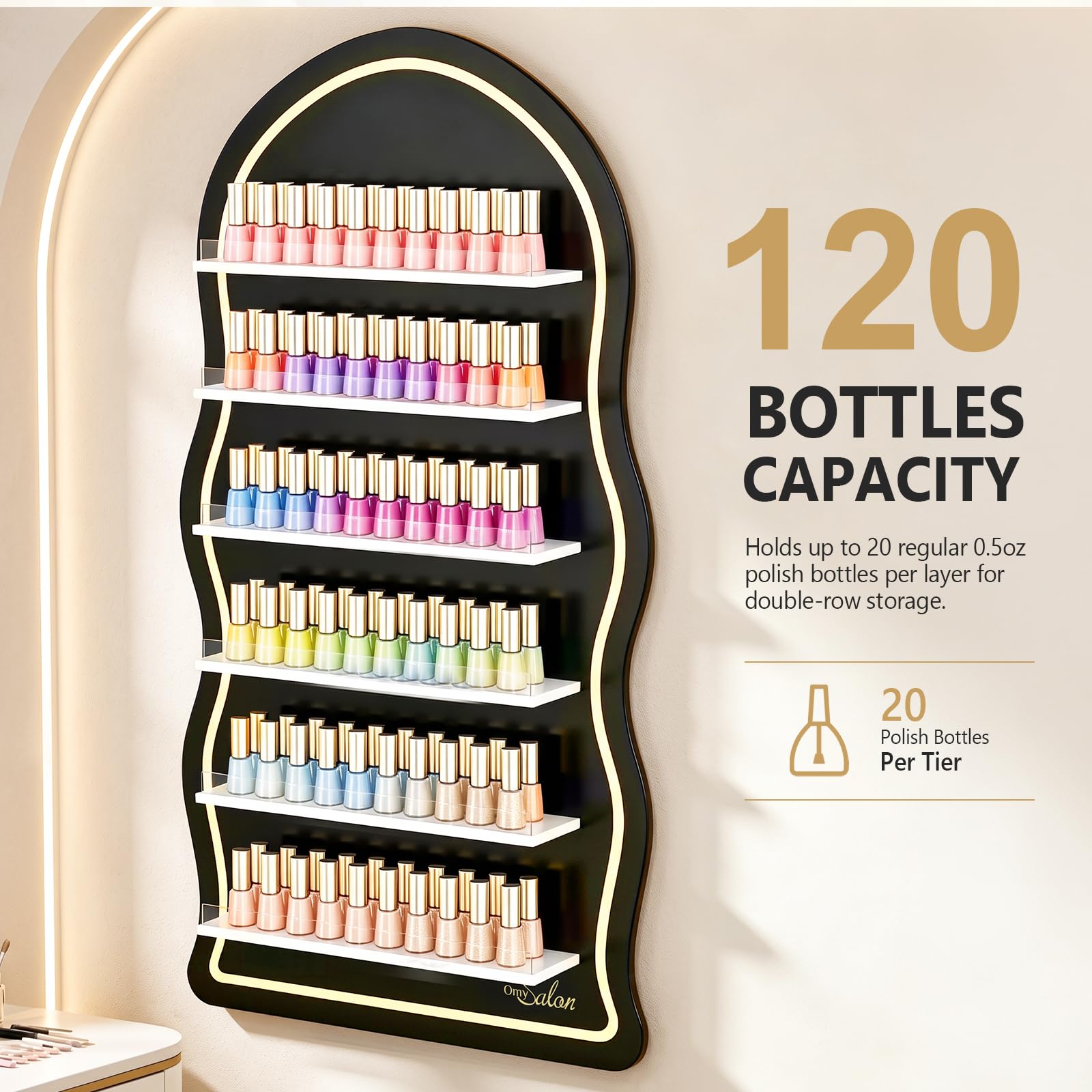 OmySalon Wall-Mounted Wavy 6-Tier Nail Polish Rack With 5.5" Extra-Tall Shelves