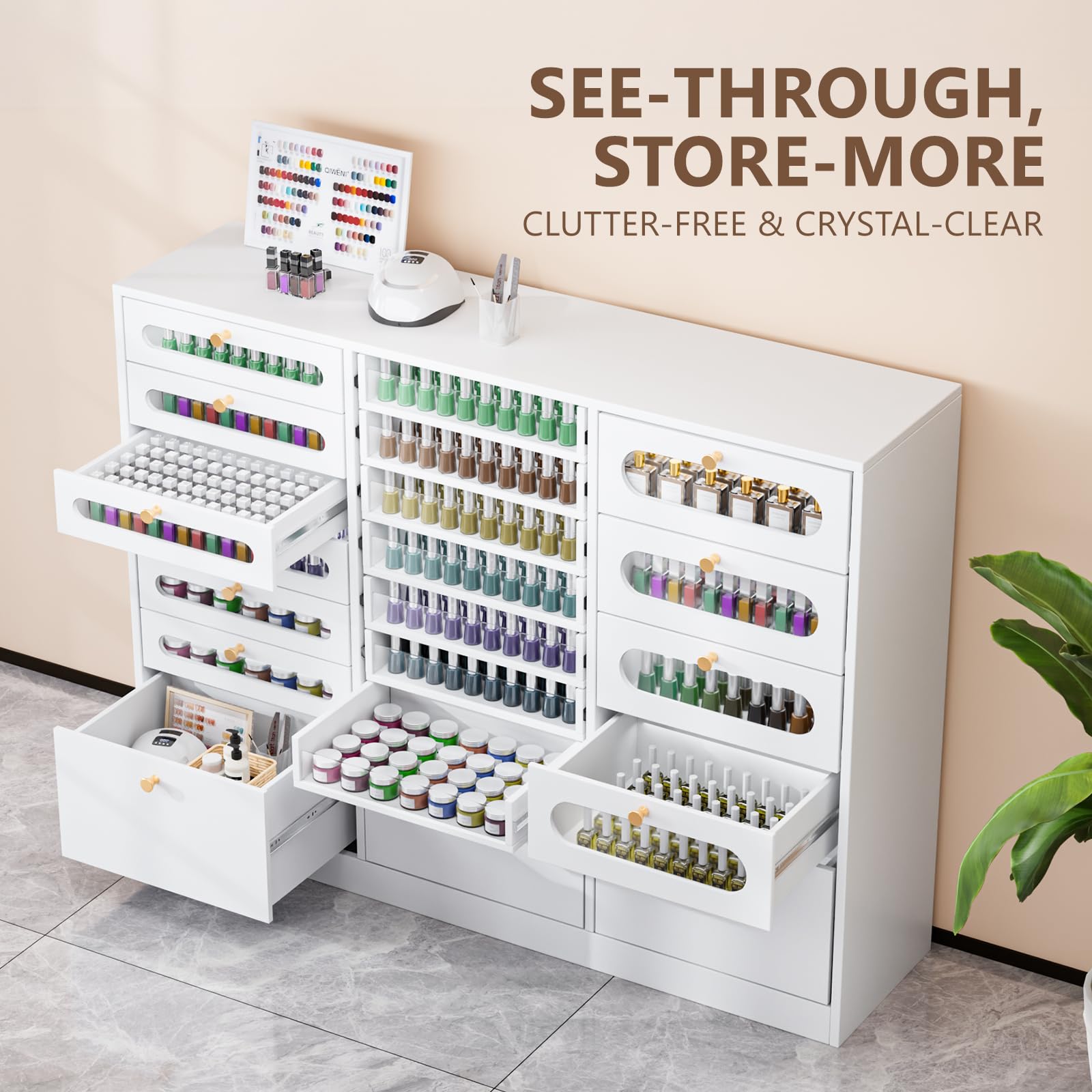 OmySalon Floor-Standing Nail Polish & Powder Organizer Cabinet with Drawers