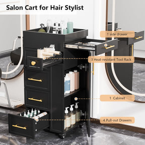 OmySalon SCFD Wooden Mobile Salon Trolley Cart w/Wheels & 5 Drawers 1 Cabinet 3 Tool Holders