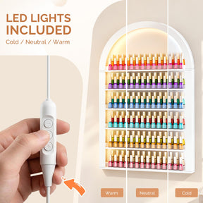 OmySalon Wall-Mounted Double 6-Tier Arched Nail Polish Organizer Rack With Led Lighting