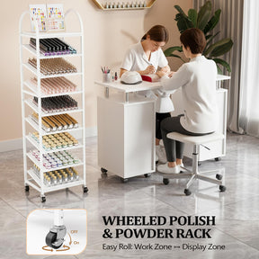 OmySalon 8-Tier Rolling Nail Polish & Powder Display Organizer Rack with Wheels