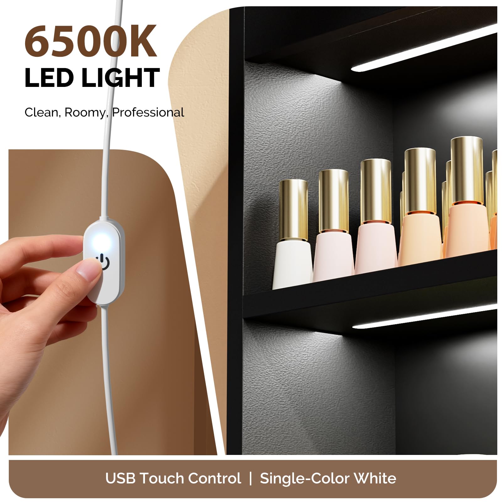 OmySalon 3-Tier Wall Mount LED Wooden Nail Polish Organizer Shelf with USB Touch Control