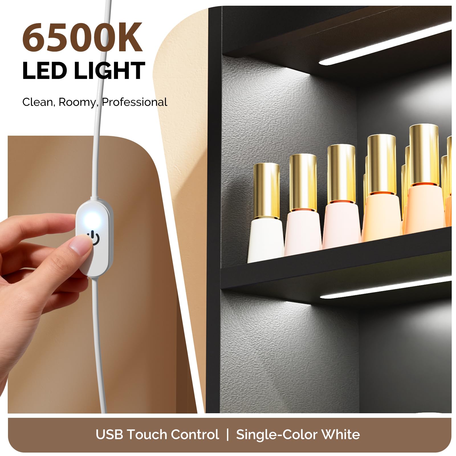 OmySalon 3-Tier Wall Mount LED Wooden Nail Polish Organizer Shelf with USB Touch Control