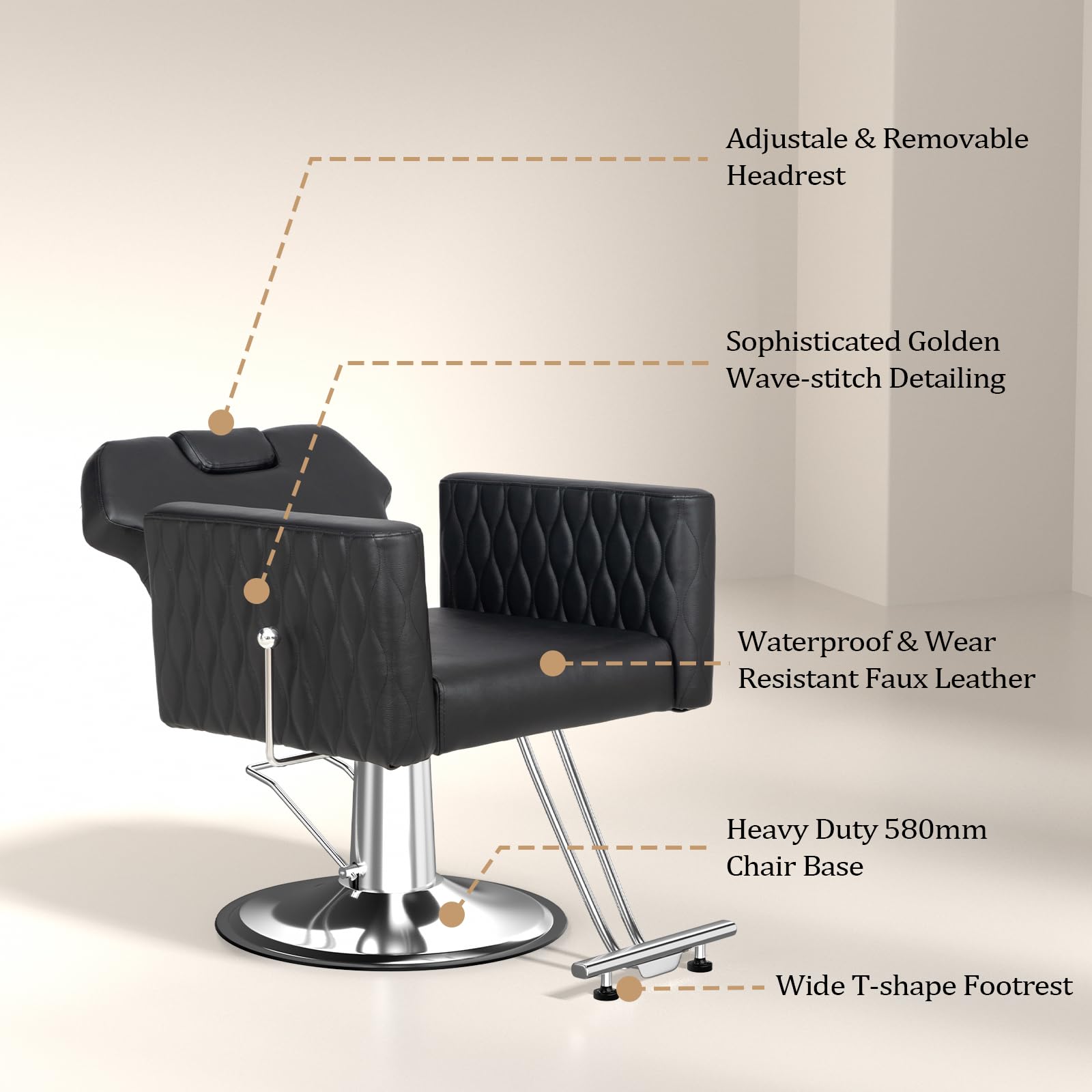 OmySalon SC3501 All Purpose Heavy Duty Hydraulic Reclining Salon Chair w/Headrest and Wave-pattern Armrests