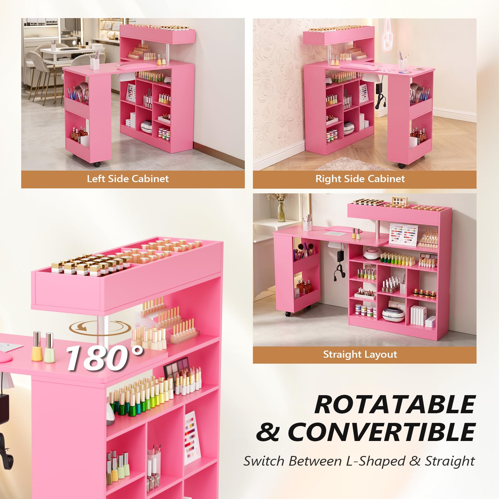 OmySalon MT-RL Rotatable L-Shaped Nail Manicure Table with Electric Dust Collector, Storage Trolley & Wrist Rest