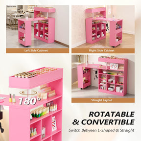 OmySalon MT-RL Rotatable L-Shaped Nail Manicure Table with Electric Dust Collector, Storage Trolley & Wrist Rest