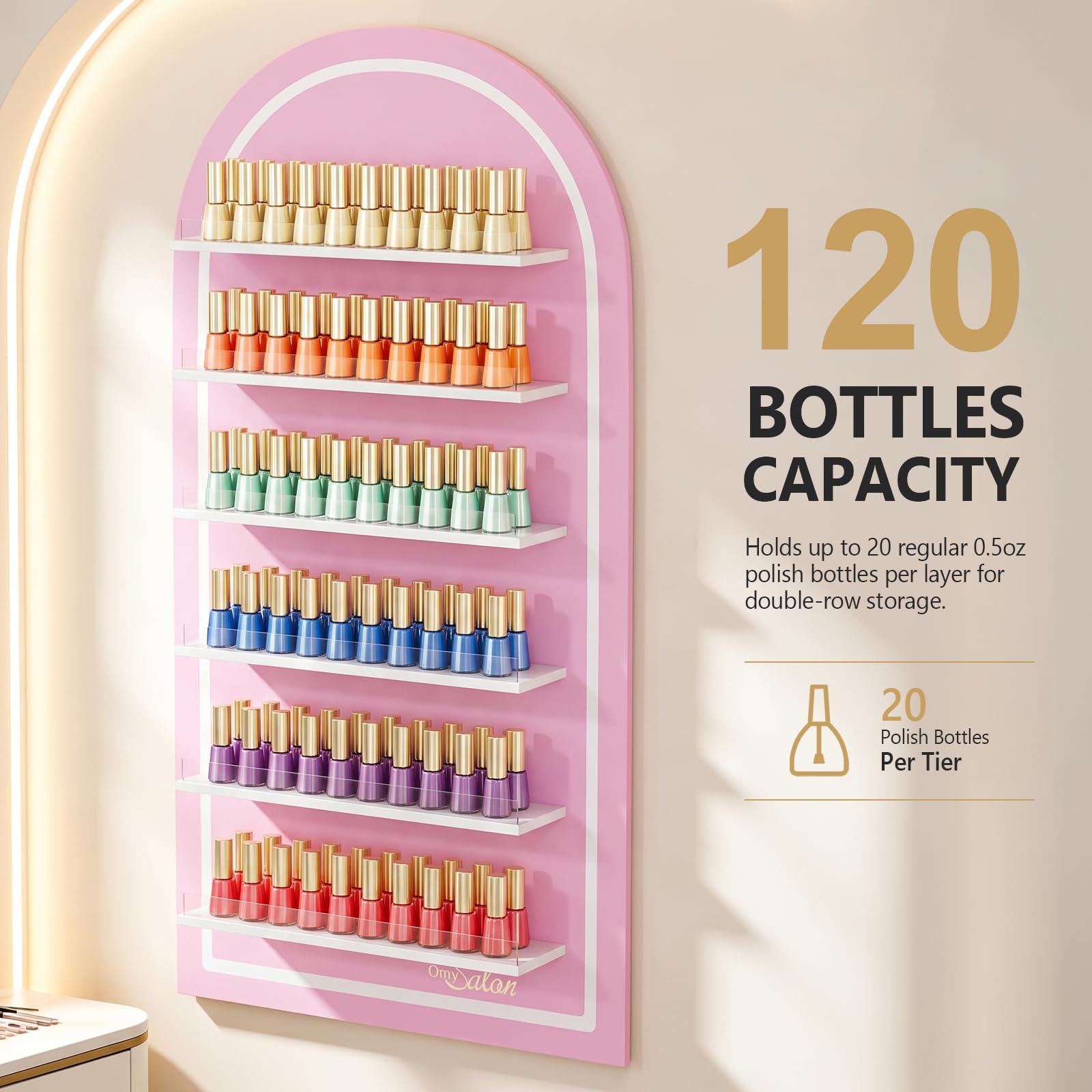 OmySalon Wall-Mounted Arched 6-Tier Nail Polish Rack With 5.5" Extra-Tall Shelves