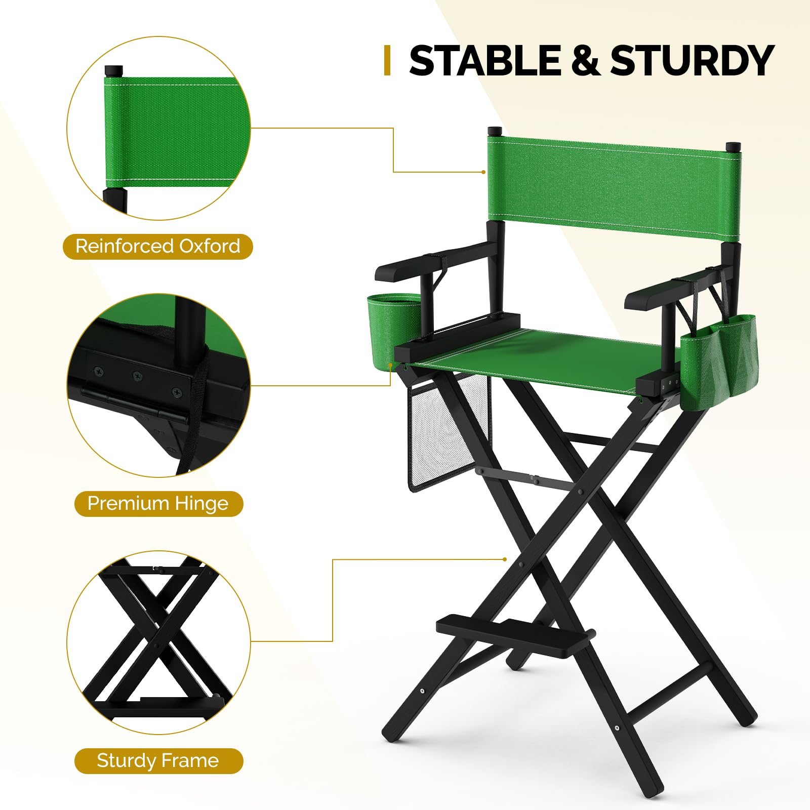 OmySalon 31in Wooden Portable Director Chair Folding Makeup Chair with Storage Pouch
