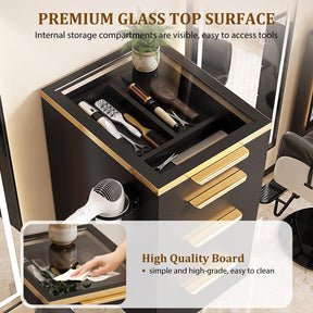 OmySalon WMBCWT Wall Mounted Salon Station with Tempered Glass Top & 4 Drawers Hair Dryer Holder
