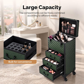 OmySalon Diamond Pattern Aluminum Lockable Rolling Makeup Train Case With 3 Drawers