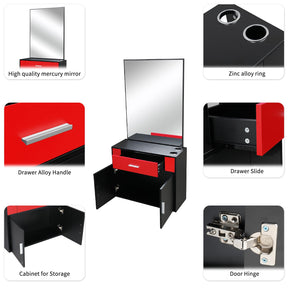 OmySalon Wall Mount Salon Station with Mirror 1 Drawer 1 Storage Cabinet 2 Hair Dryer Holders Black/Black & Red