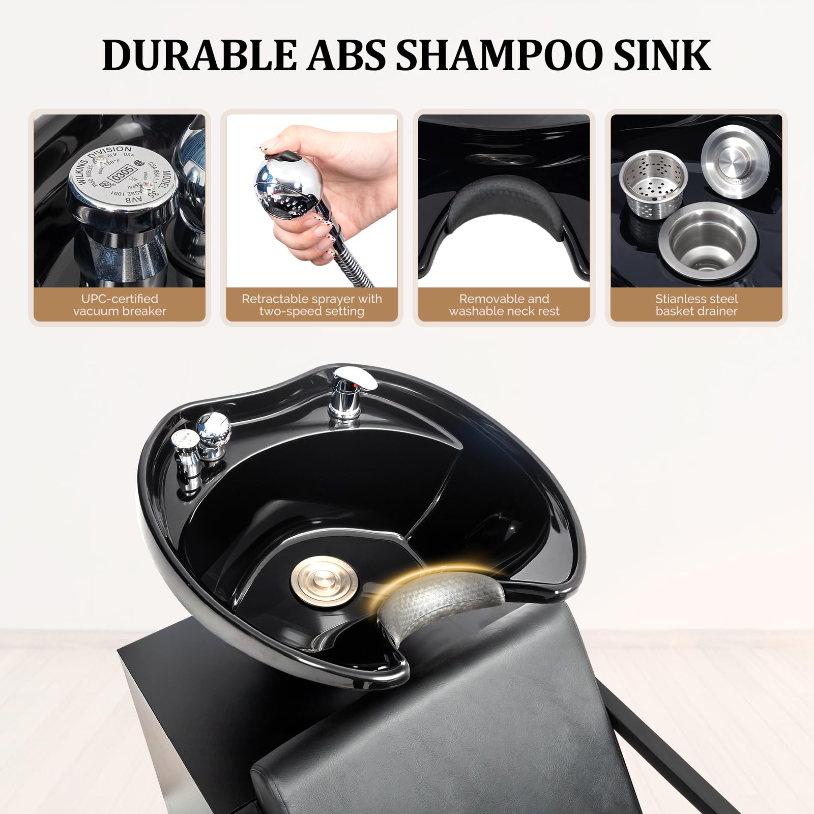 OmySalon BU2101 Salon Shampoo Backwash Chair Unit with Tilting ABS Plastic Bowl & Storage Cabinet Station