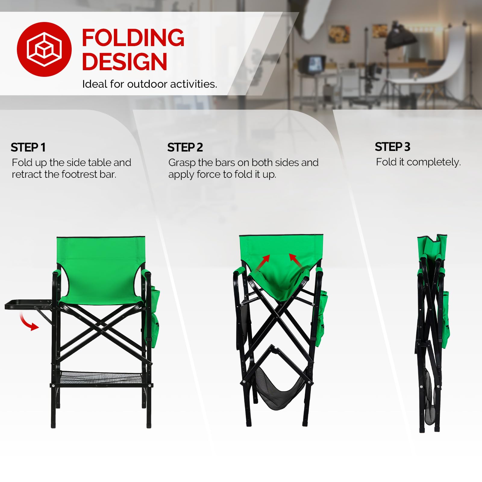 Omysalon 30in Portable Folding Director Chair with Collapsible Side Table