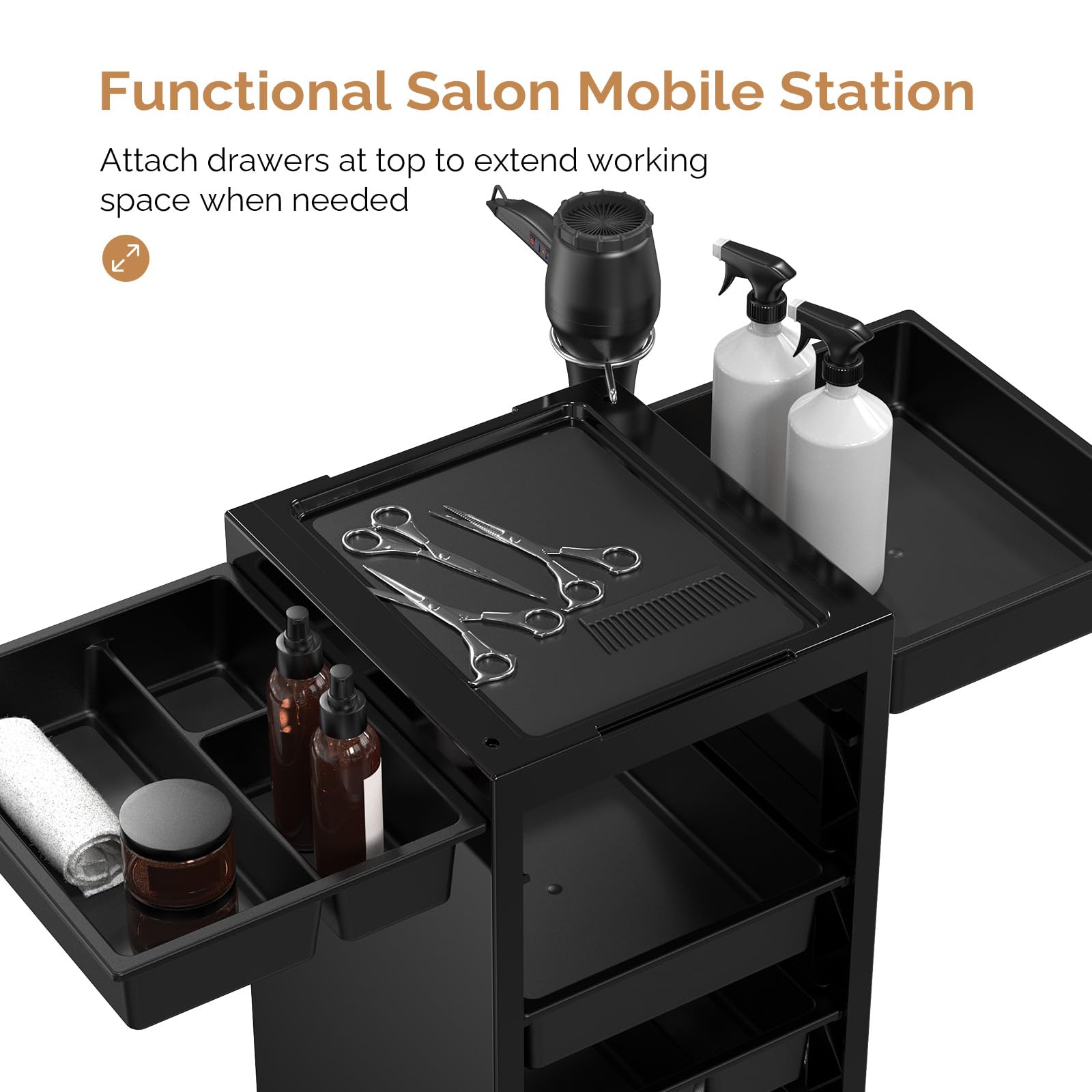 OmySalon Rolling Salon Trolley Cart w/Wheels & 6 Drawers Hair Dryer Holders