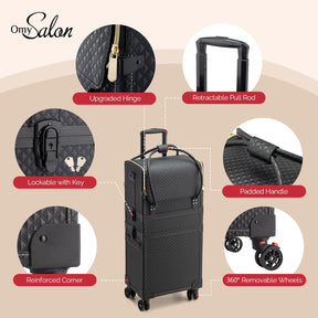 OmySalon 4-in-1 Portable Lockable Rolling Makeup Train Case with 4 Top Trays & 1 Deep Drawer