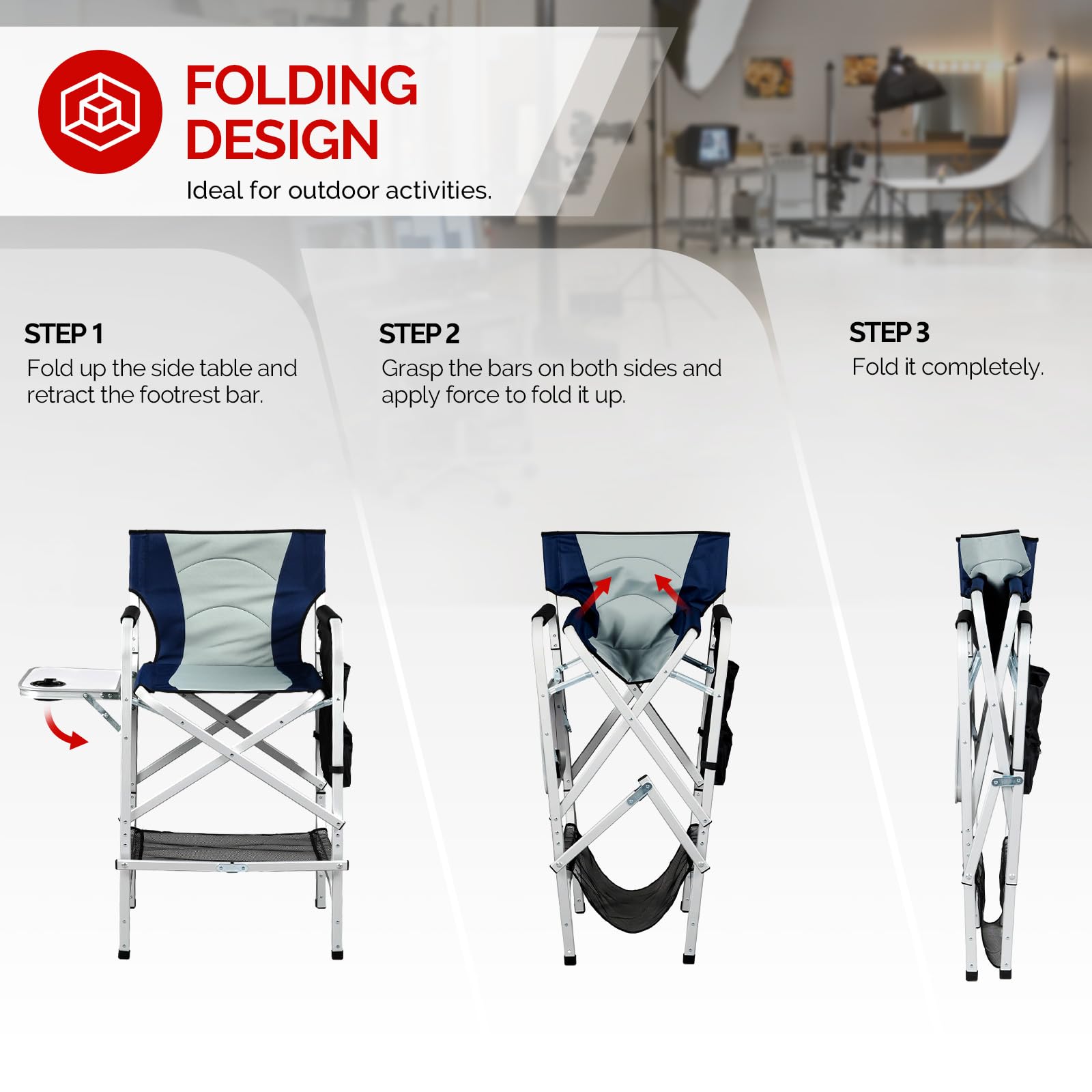 Omysalon 30in Portable Folding Director Chair with Collapsible Side Table