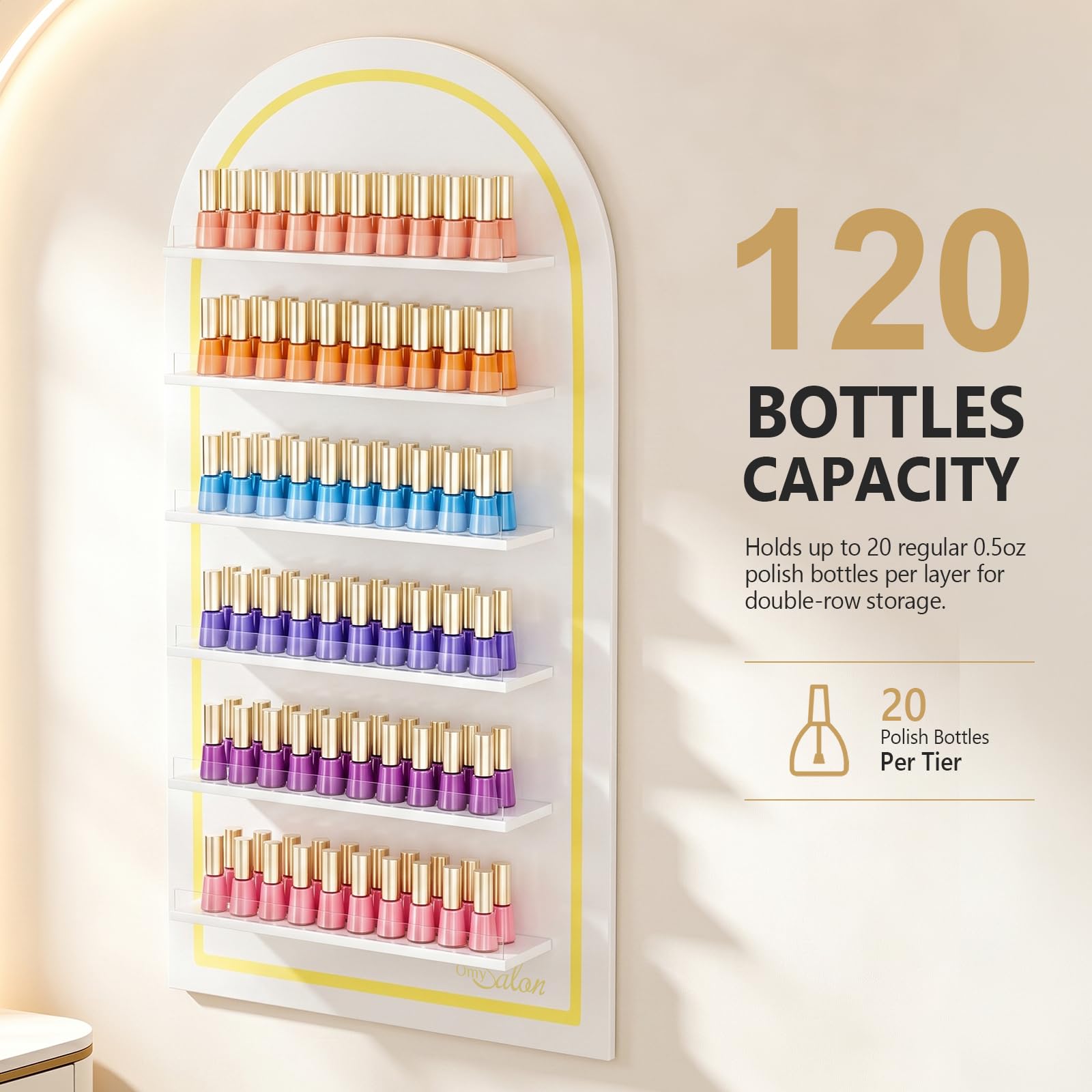OmySalon Wall-Mounted Arched 6-Tier Nail Polish Rack With 5.5" Extra-Tall Shelves