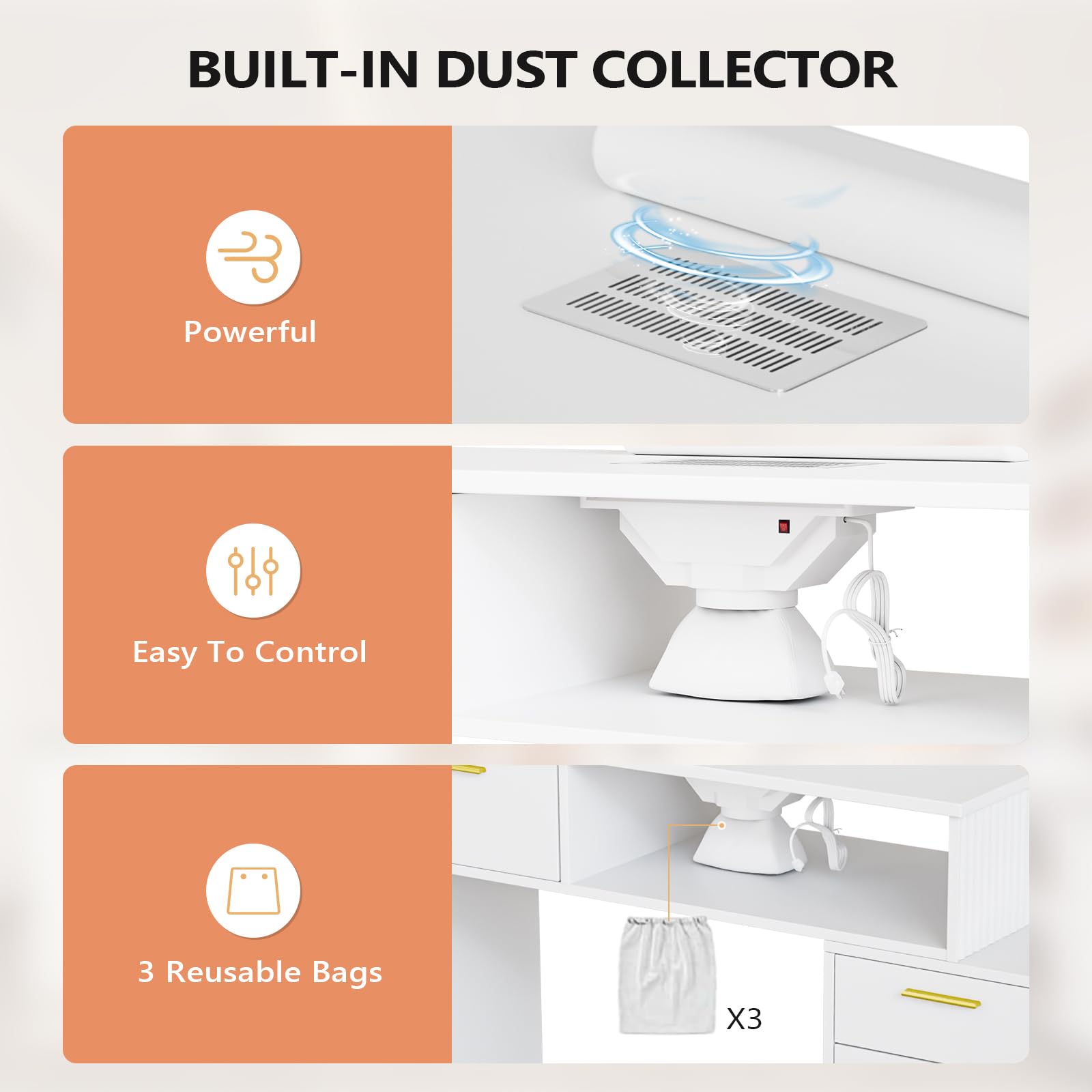 OmySalon MT-FL Nail Manicure Table w/Fluted Glass Cabinet & Electric Dust Collector & & Wrist Rest