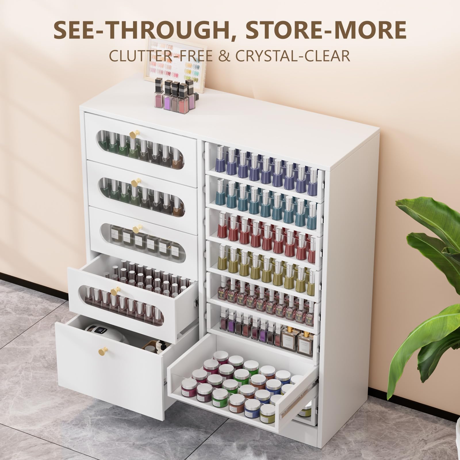 OmySalon 32" L Floor-Standing Nail Polish & Powder Organizer Cabinet with 8 Clear & 4 Visual Drawers