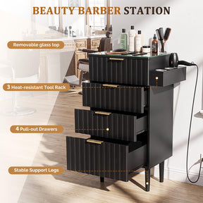OmySalon SCGFD Modern Retro Salon Styling Station with Glass Top, 4 Drawers & 3 Hot Tool Holders