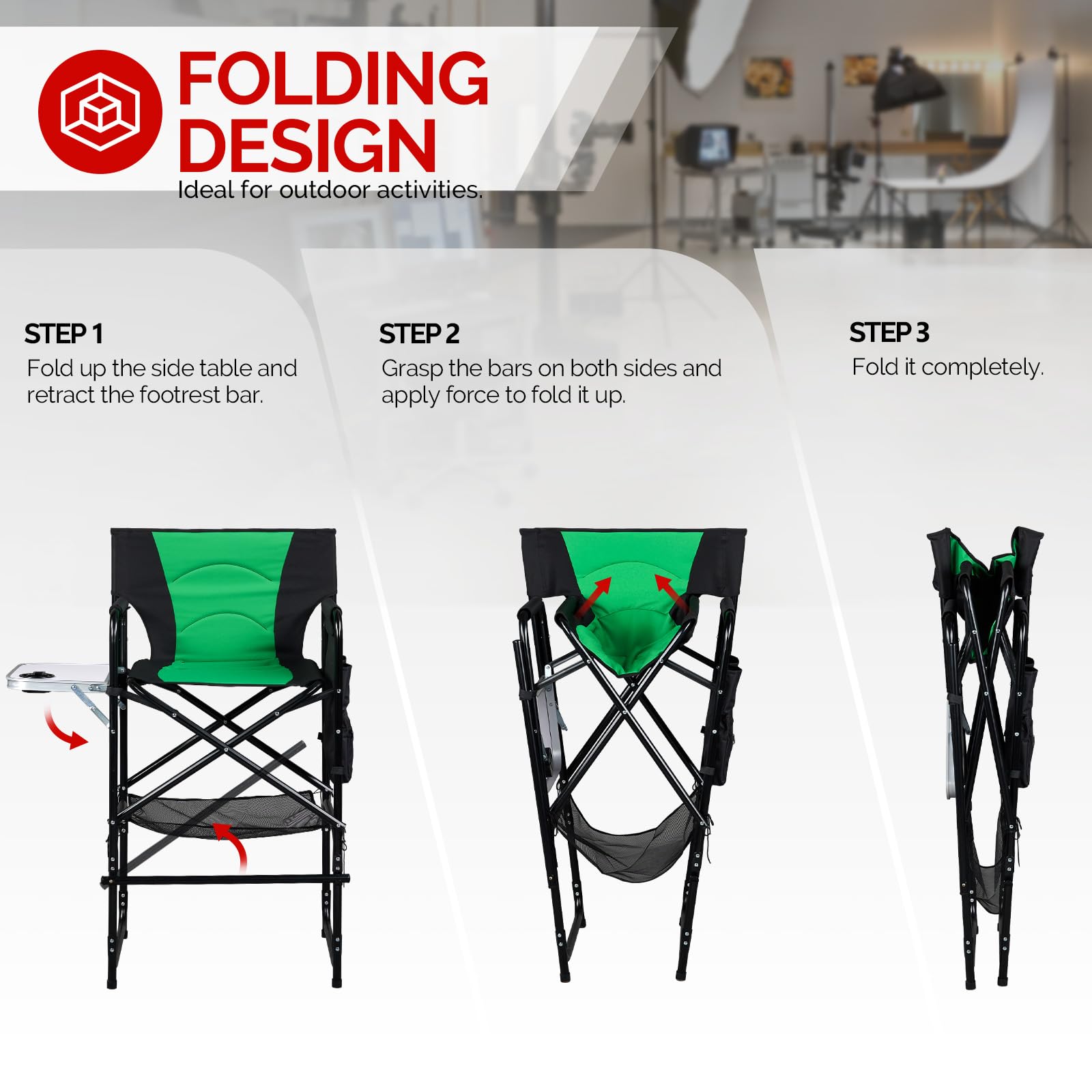 OmySalon Extra Tall 30.7in Folding Director Chair with Side Table & Storage Pockets