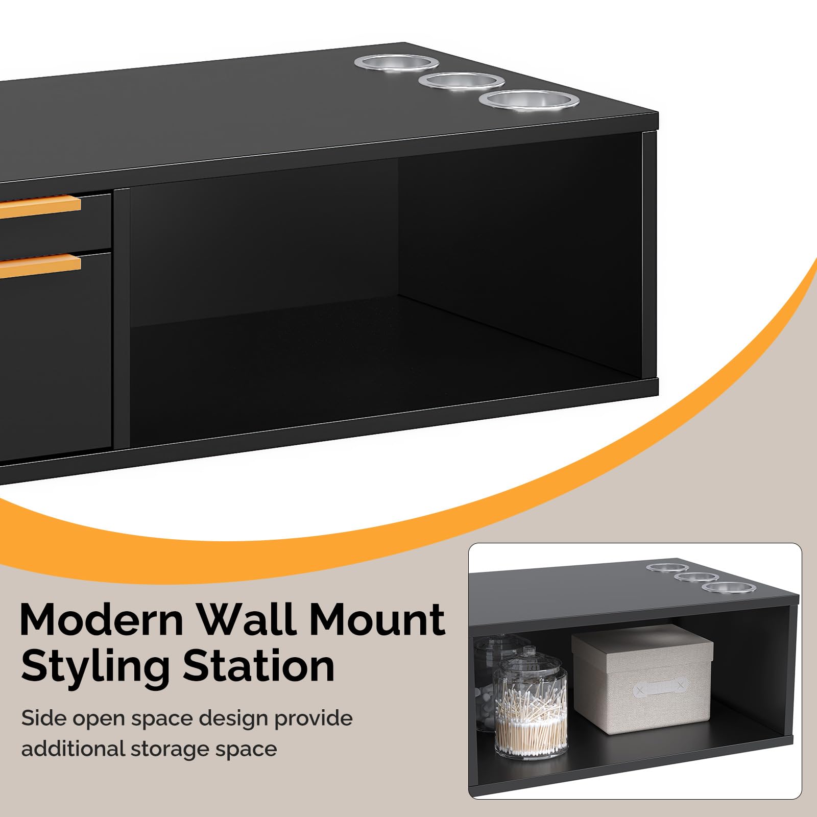 OmySalon WMSCOD Wall Mount Salon Styling Station with 2 Drawers 1 Open Shelf 3 Heat Resistant Dryer Holders