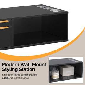 OmySalon WMSCOD Wall Mount Salon Styling Station with 2 Drawers 1 Open Shelf 3 Heat Resistant Dryer Holders