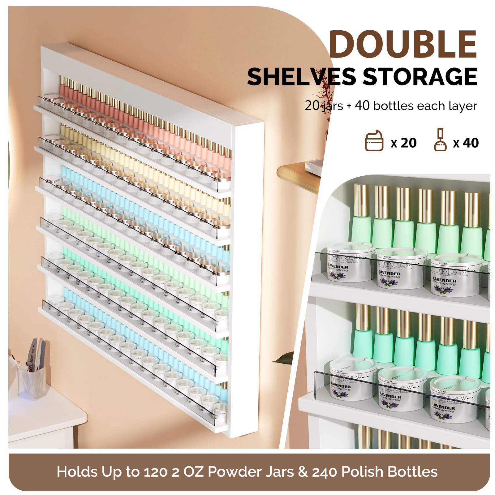 OmySalon Double 6-Tier Wall Mount Nail Polish & Powder Organizer Rack with Acrylic Barriers