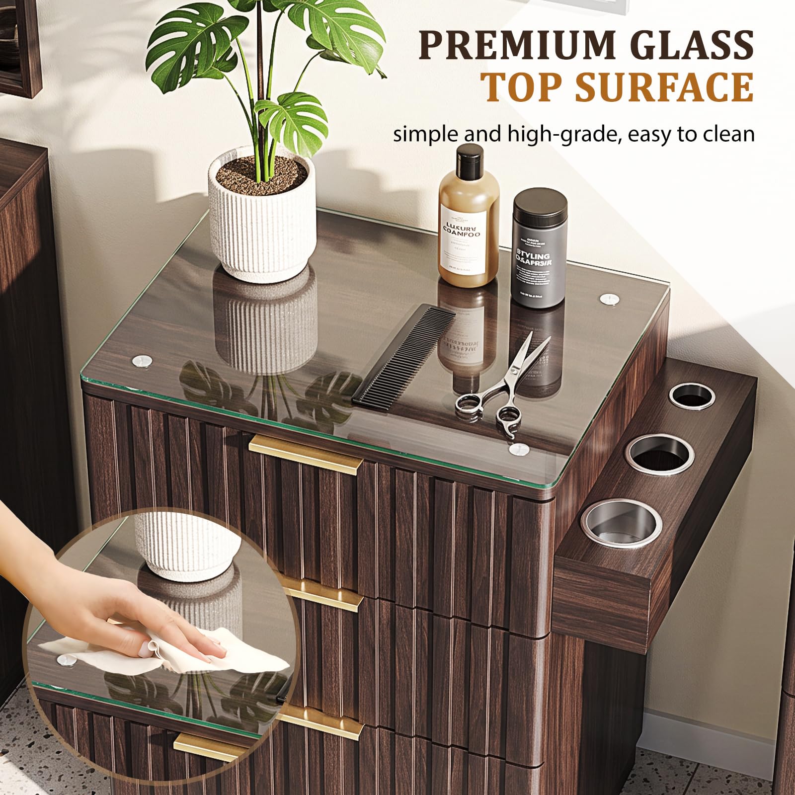 OmySalon SCGFD Modern Retro Salon Styling Station with Glass Top, 4 Drawers & 3 Hot Tool Holders