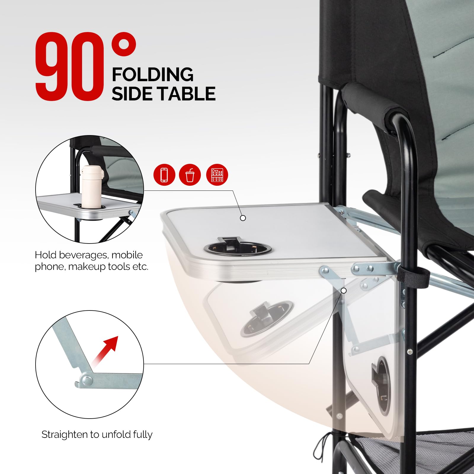 OmySalon 30in Portable Director Chair Folding Makeup Artist Chair with Side Table & Side Storage Bag