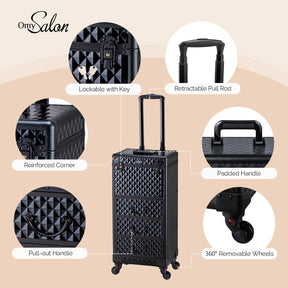 OmySalon Diamond Pattern Aluminum Lockable Rolling Makeup Train Case With 3 Drawers