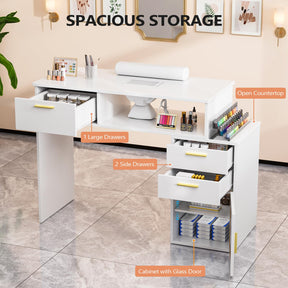 OmySalon MT-FL Nail Manicure Table w/Fluted Glass Cabinet & Electric Dust Collector & & Wrist Rest