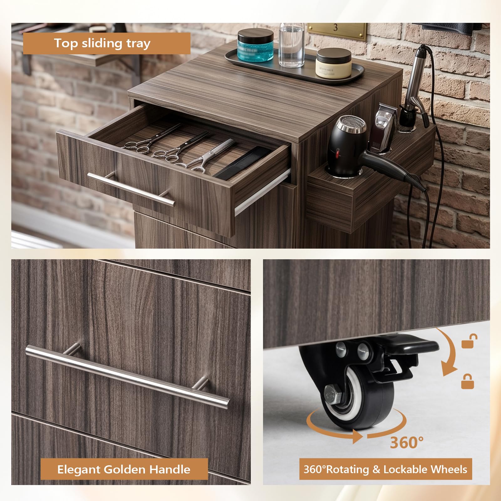 OmySalon SCTDOC Wooden Salon Trolley Cart with Wheels, 3 Drawers, Adjustable Shelf & Tool Holders