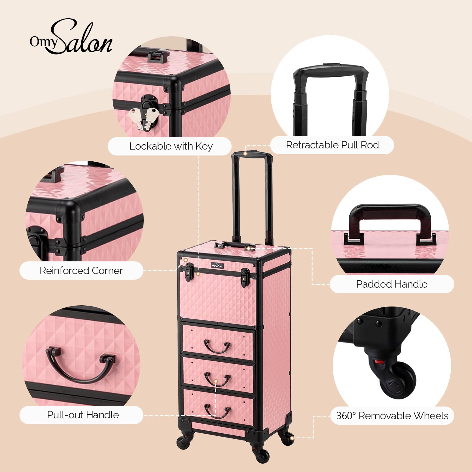 OmySalon Diamond Pattern Aluminum Lockable Rolling Makeup Train Case With 3 Drawers