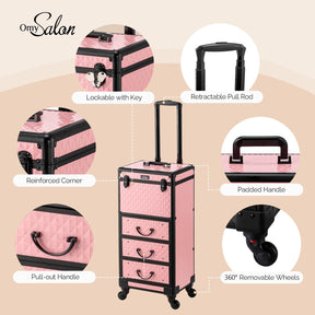 OmySalon Diamond Pattern Aluminum Lockable Rolling Makeup Train Case With 3 Drawers